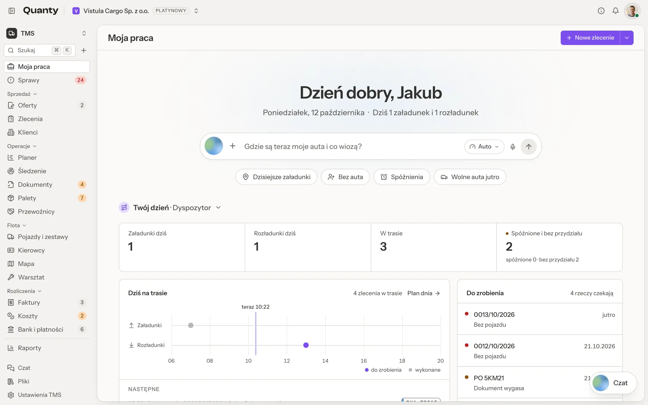Ekran Moja praca w Quanty TMS: powitanie, lista spraw na teraz i dzisiejsze załadunki na osi czasu