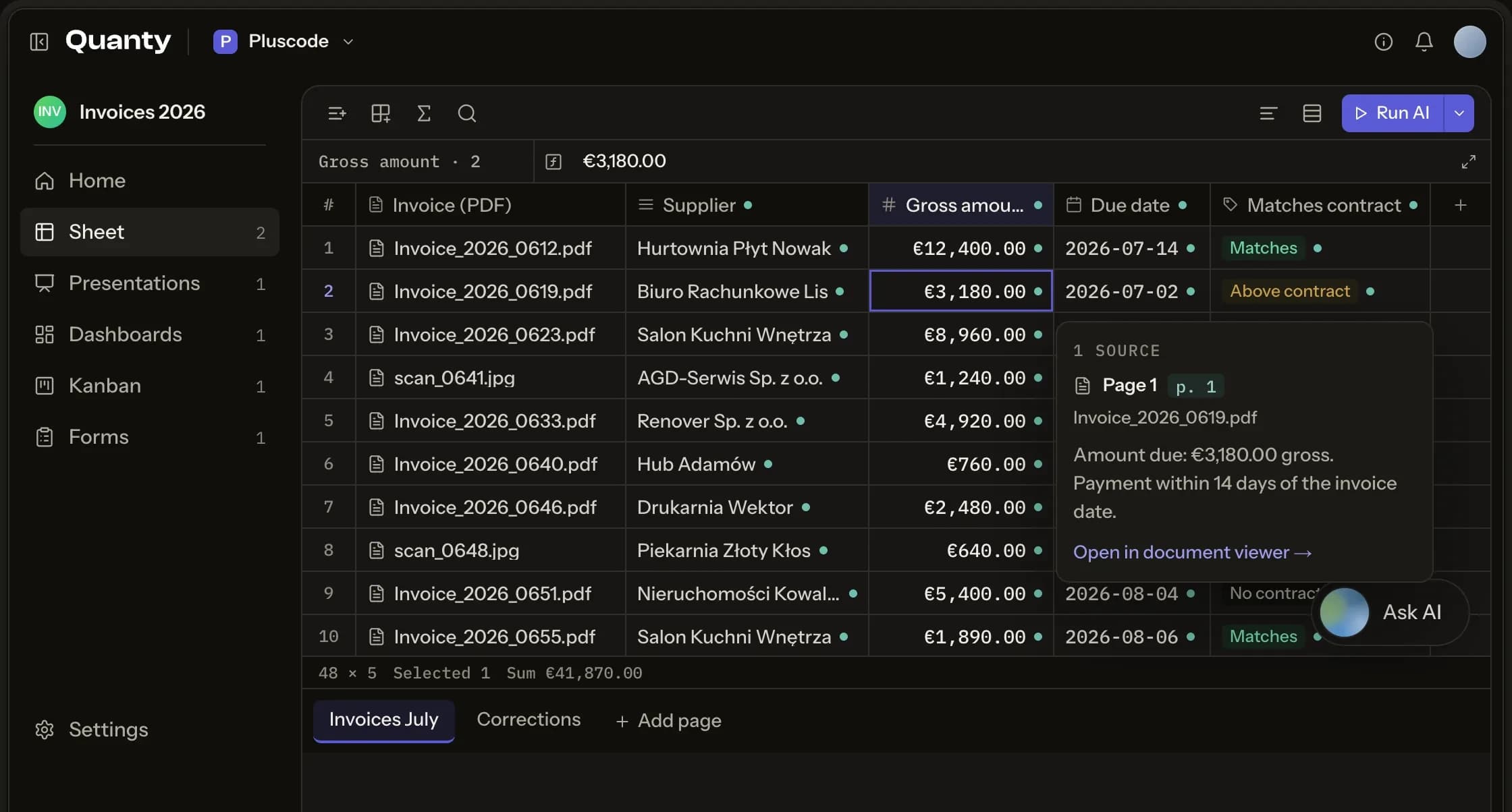 The Quanty sheet with invoices read into rows and the source page open beside a value
